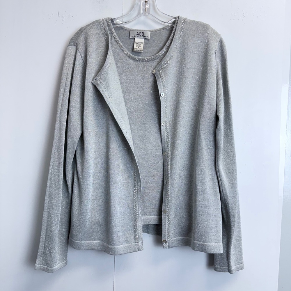 AGB Byer California Silver Metallic Silk Blend Beaded Cardigan Shell Twin Set M